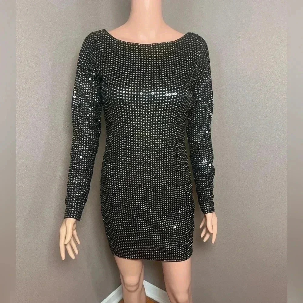 GUESS Black Long Sleeve Jewel Neck Short Body Con Cocktail Dress Small NEW $148